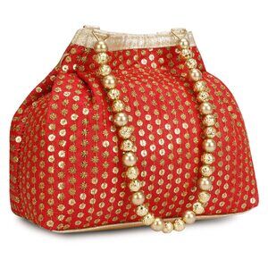 8843 Indian Ethnic Designer Embroidered Silk Potli Bag Batwa Pearls Handle